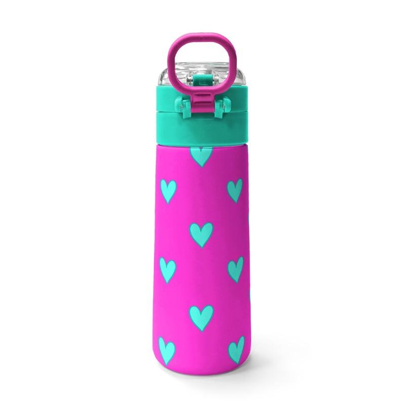 Coral High Kids Neon Pink Water Green Heart Patterned Steel Thermos 500 ml