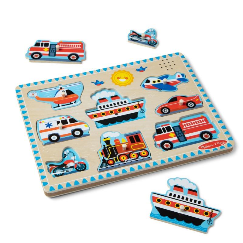 Melissa And Doug - Vehicles Sound Puzzle - Wooden Peg Puzzle With Sound Effects (8 pcs)