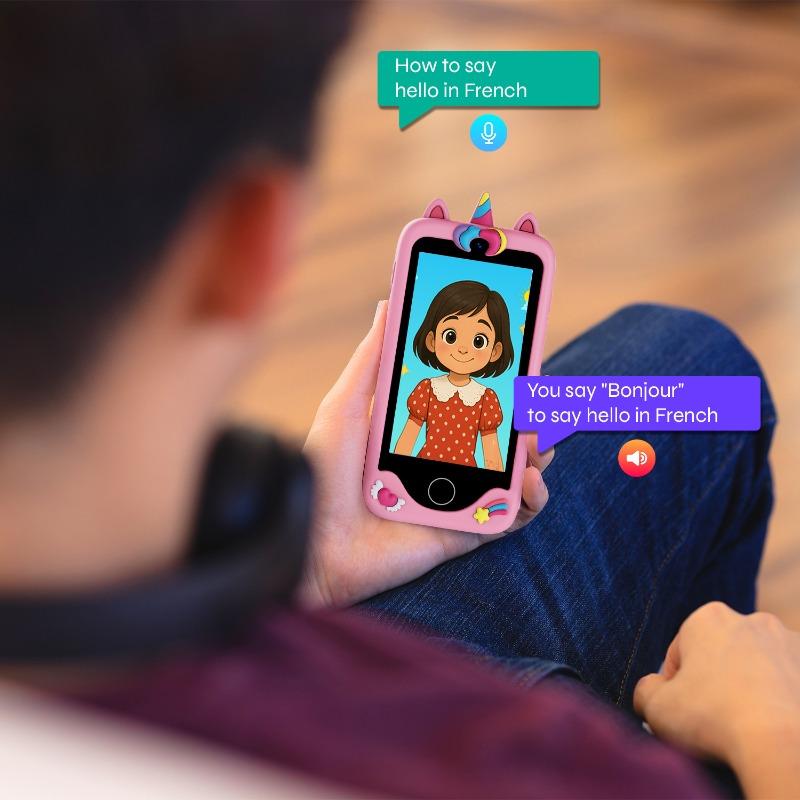 هاتف تعليمي للأطفال بشاشة بدون إجهاد للعين وكاميرا عالية الدقة ومحتوى تعليمي مدمج وتحكم رقابي للوالدين مع تحديد وقت الشاشة والتطبيقات ومكالمات طوارئ عبر الواي فاي ومتجر تطبيقات آمن للأطفال – تصميم يونيكورن وردي