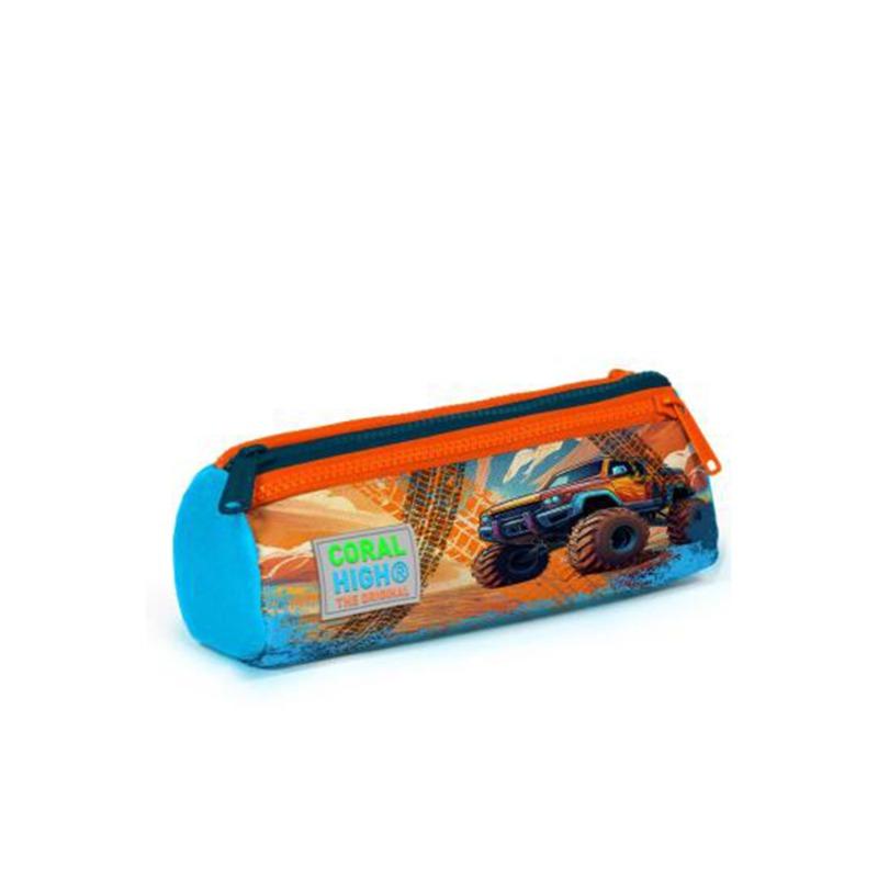 Coral High Kids Blue Orange High Wheels Truck Patterned Three Compartment Pencil Bag