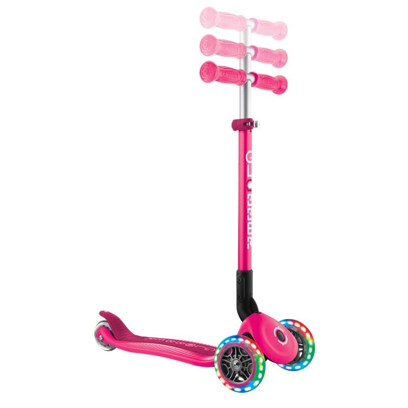 Globber Primo Adjustable Kids 3-Wheel Scooter with LED Lights Neon Pink