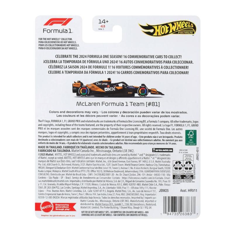 Hot Wheels 1:64 Scale Premium Die Cast Formula 1 Collectible Toy