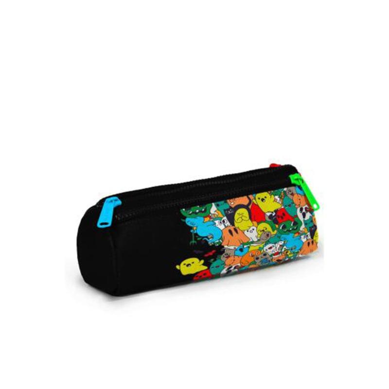 Coral High Kids Black Cartoon Patterned Three-Compartment Pencil Bag