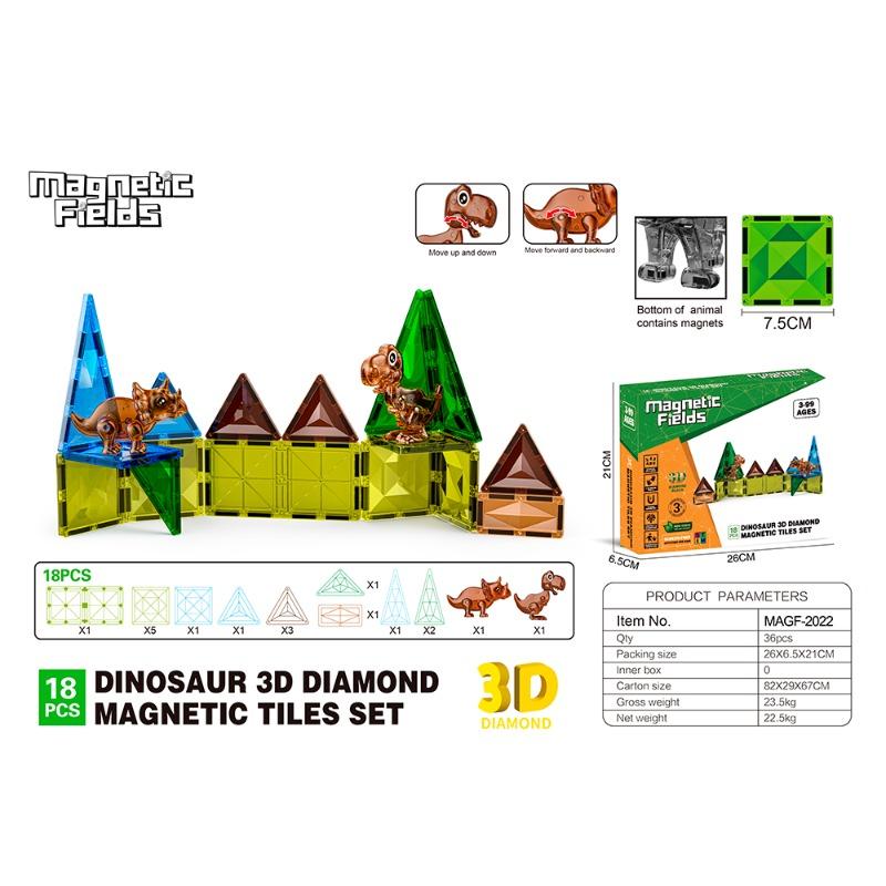 Magnetic Fields Dinosaur 3D Diamond Magnetic Tiles Set - 18 Pcs