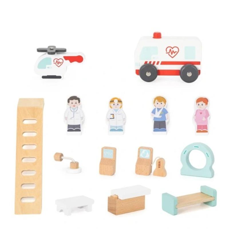 Viga Wooden Hospital Set with Ambulance Lift - 15 Pieces