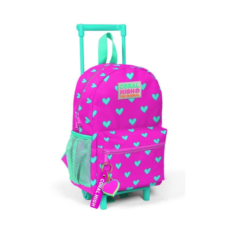 Tiny Nest Trolley Backpack Neon Pink Aqua Green Heart Patterned