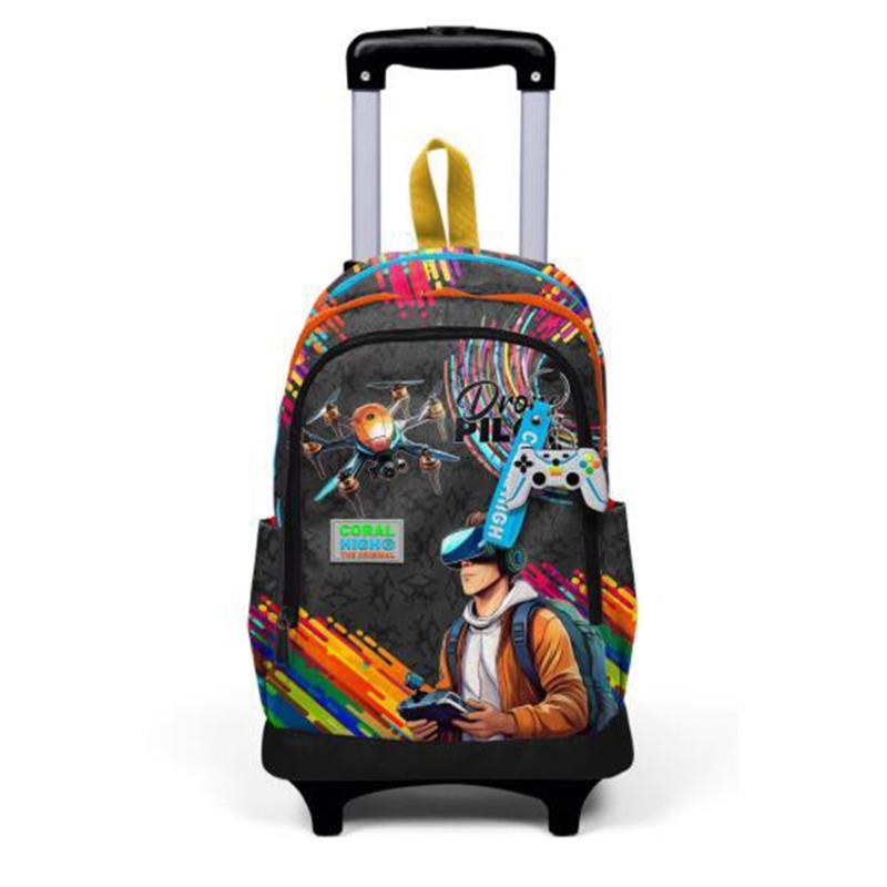 Coral High Kids Black Drone Pilot Patterned Three-Compartment Trolley School Backpack