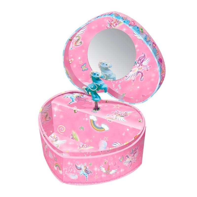 صندوق مجوهرات موسيقي بطبعات يونيكورن - شكل قلب