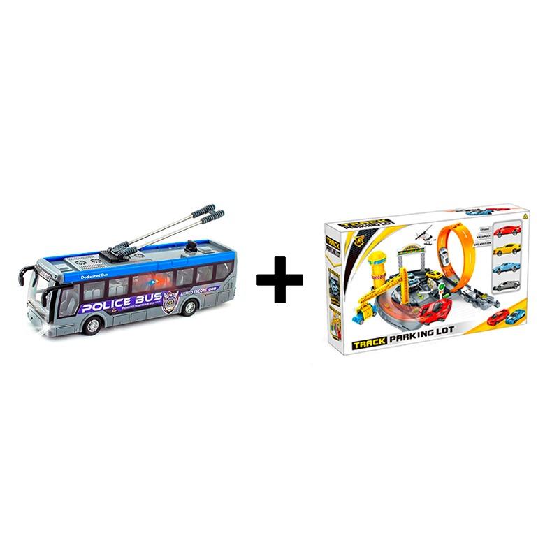 Buy 1 Get 1 RC Police Bus with Lights + Track Parking Lot Playset