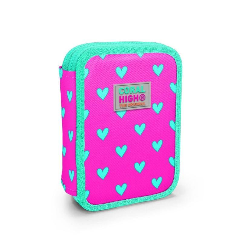Coral High Kids Neon Pink Water Green Heart Patterned Double Layer Pencil Bag
