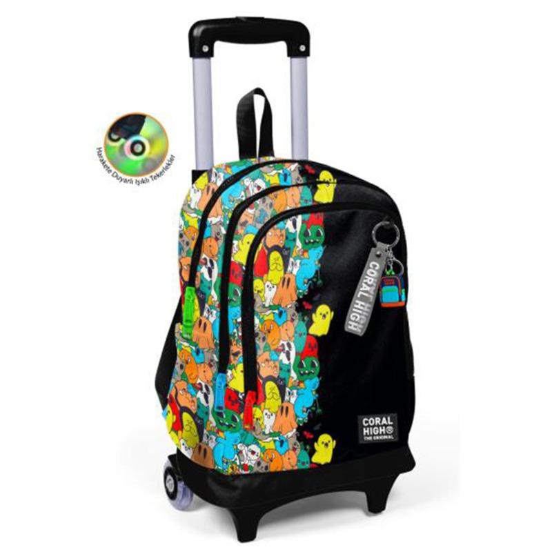 Coral High Kids Black Cartoon Patterned Three-Compartment Trolley School Backpack
