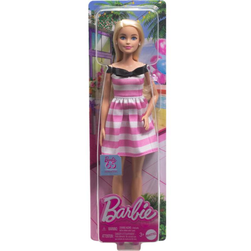 باربي - دمية باربي العصرية بشعر أشقر وفستان وردي مخطط وإكسسوارات