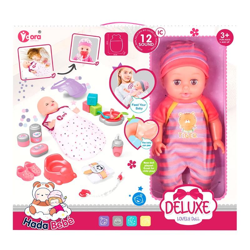 فيدورا - دمية للأطفال مع حقيبة نوم و17 قطعة ملحقات