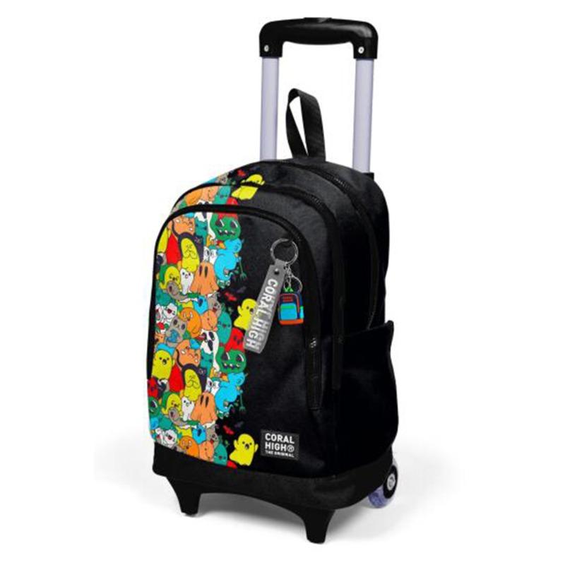 Coral High Kids Black Cartoon Patterned Three-Compartment Trolley School Backpack