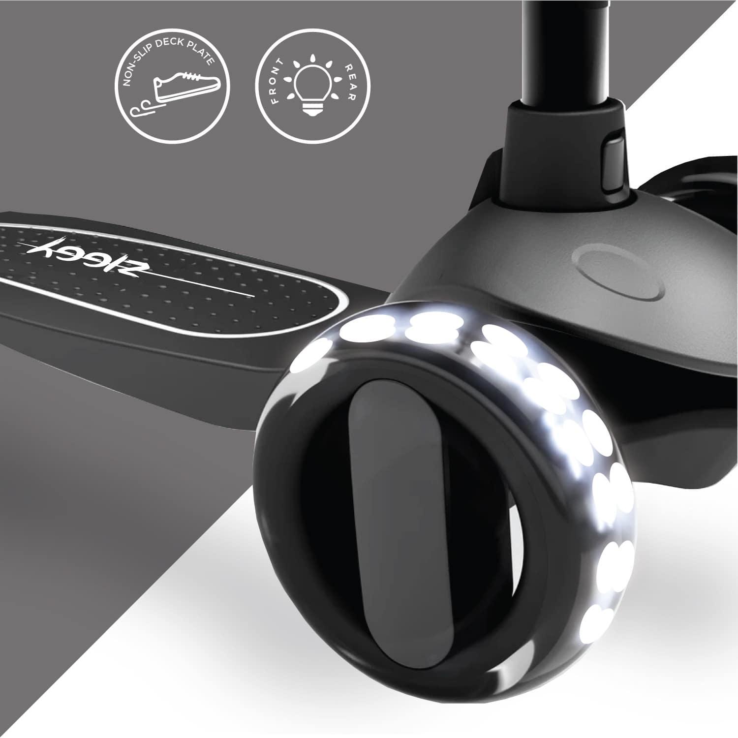 زيجي - سكوتر ثلاثي العجلات بإضاءة إل إي دي - لون أسود