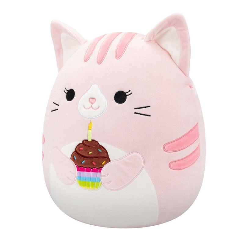 Laura the Pink Tabby Cat with Birthday Cupcake Plush