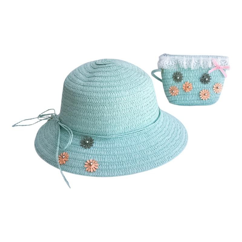 Pistachio Flower Beige Hat And Bag - Blue