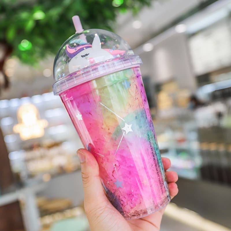 Unicorn Water Bottle Straw Type With Lid 500ml - Multicolors
