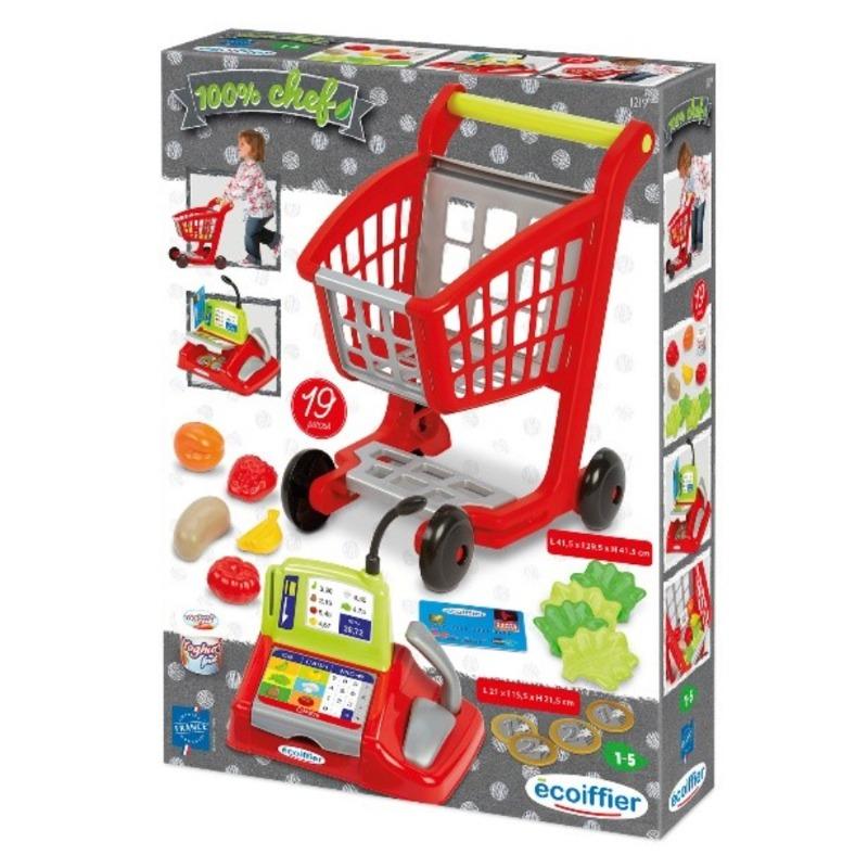 عربة سوبرماركت مع ماكينة تسجيل النقود.