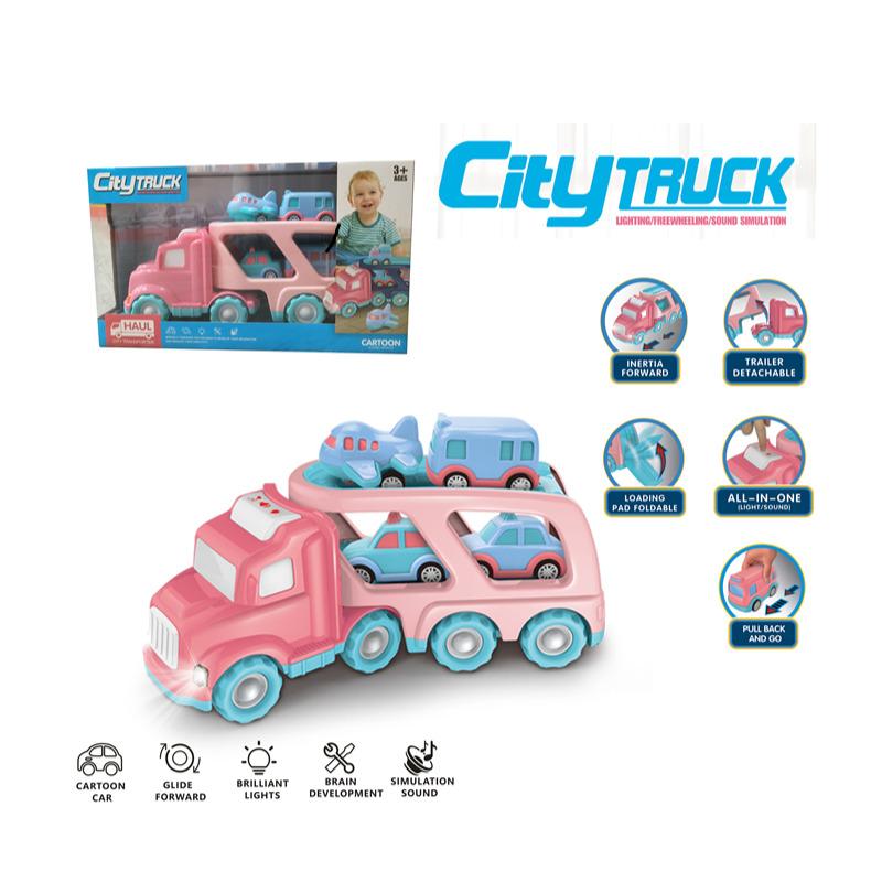 City Truck Transporter With 4 Sliding Vehicles And Light & Sound