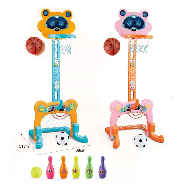 حامل ألعاب 4 في 1 كرة سلة، كرة قدم، بولينج ألوان متعددة وردي وأزرق
