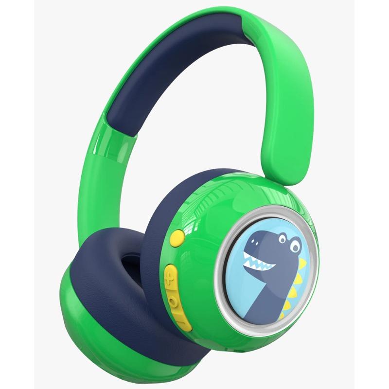 سماعة رأس للأطفال بتقنية صوت آمن وفق معايير منظمة الصحة العالمية، مع قصص صوتية تعليمية مجانية ومغناطيسات للزينة، تعمل بتقنية البلوتوث والسلك وتحتوي على مايكروفون للاستخدام المدرسي والسفر – تصميم ديناصور أخضر
