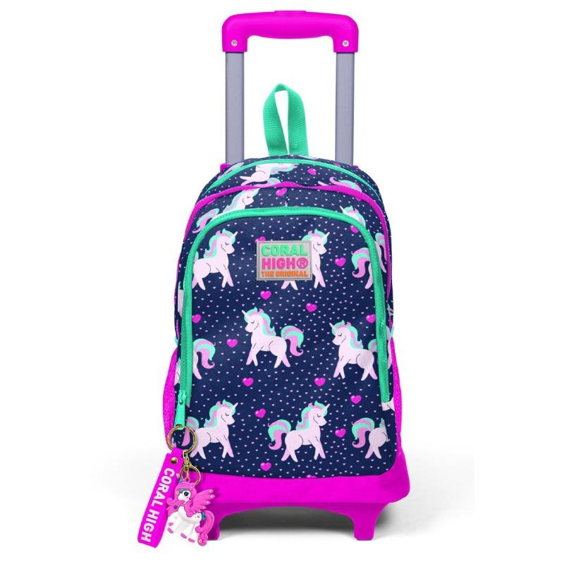 Coral High Kids Trolley Backpack Unicorn Patterned Navy Blue Pink