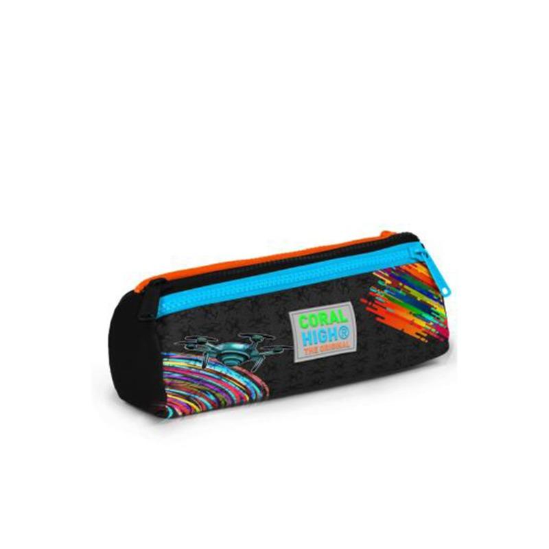 Coral High Kids Black Drone Pilot Patterned Three-Compartment Pencil Bag