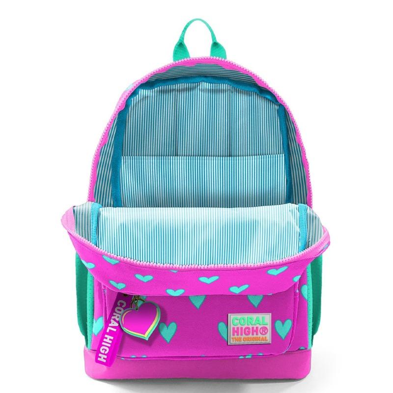 Coral High Kids School Backpack Neon Pink Aqua Green Heart Patterned