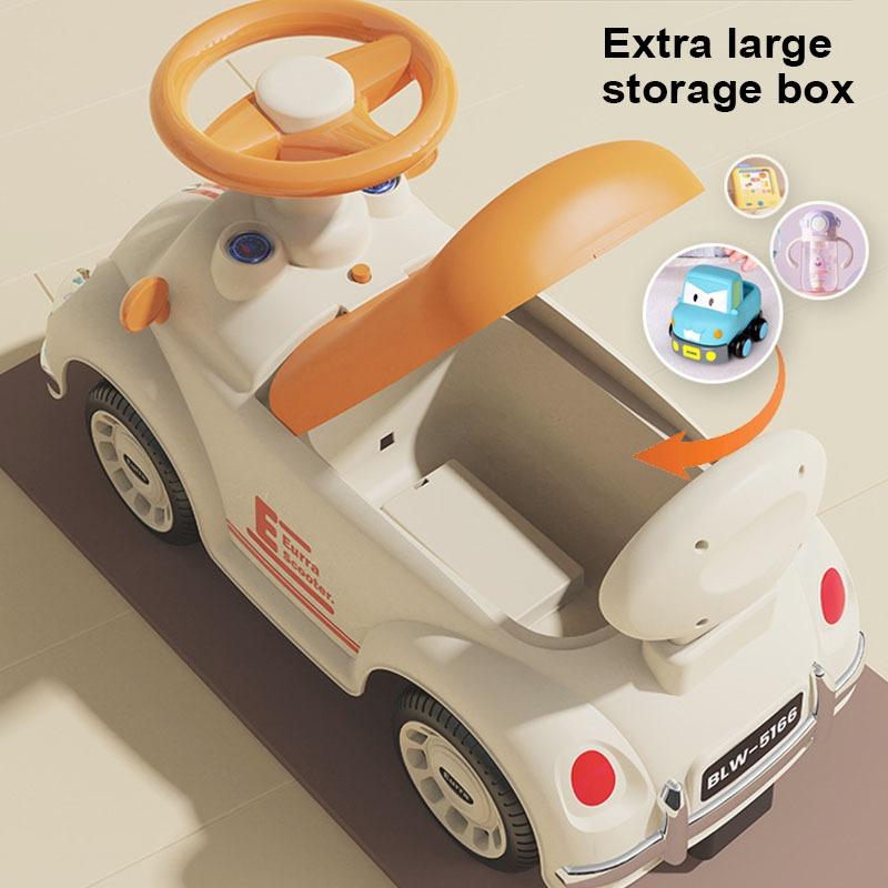 MG Kids Ride-On Push Car with Music, Lights & Storage – White & Orange
