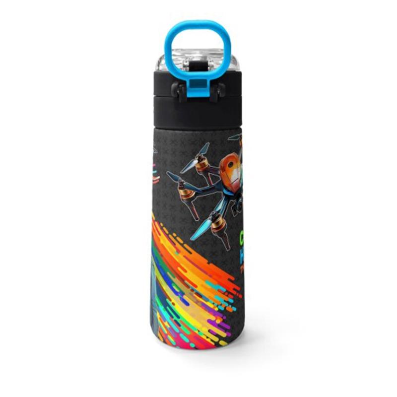 Coral High Kids Black Drone Pilot Patterned Straw and Direct Drinking Steel Thermos 500 ml