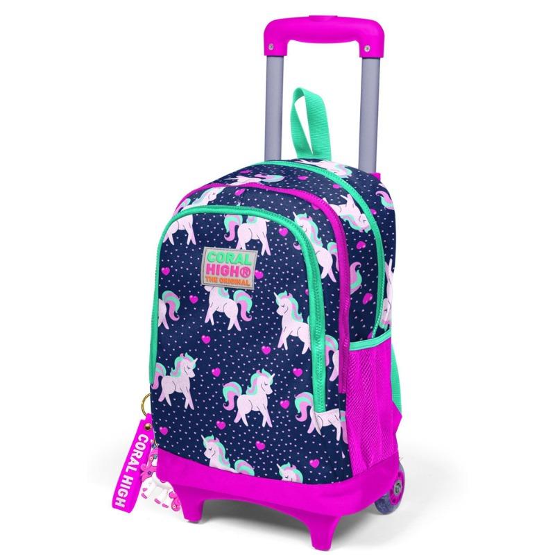 Coral High Kids Trolley Backpack Unicorn Patterned Navy Blue Pink