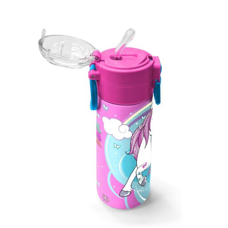 كورال هاي للأطفال – ترمس ستانلس ستيل 500 مل بشفاط - نقشة يونيكورن - أزرق ونيون وردي