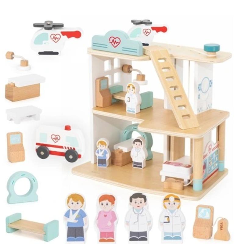فيجا - مجموعة مستشفى خشبية مع مصعد سيارة إسعاف 15 قطعة