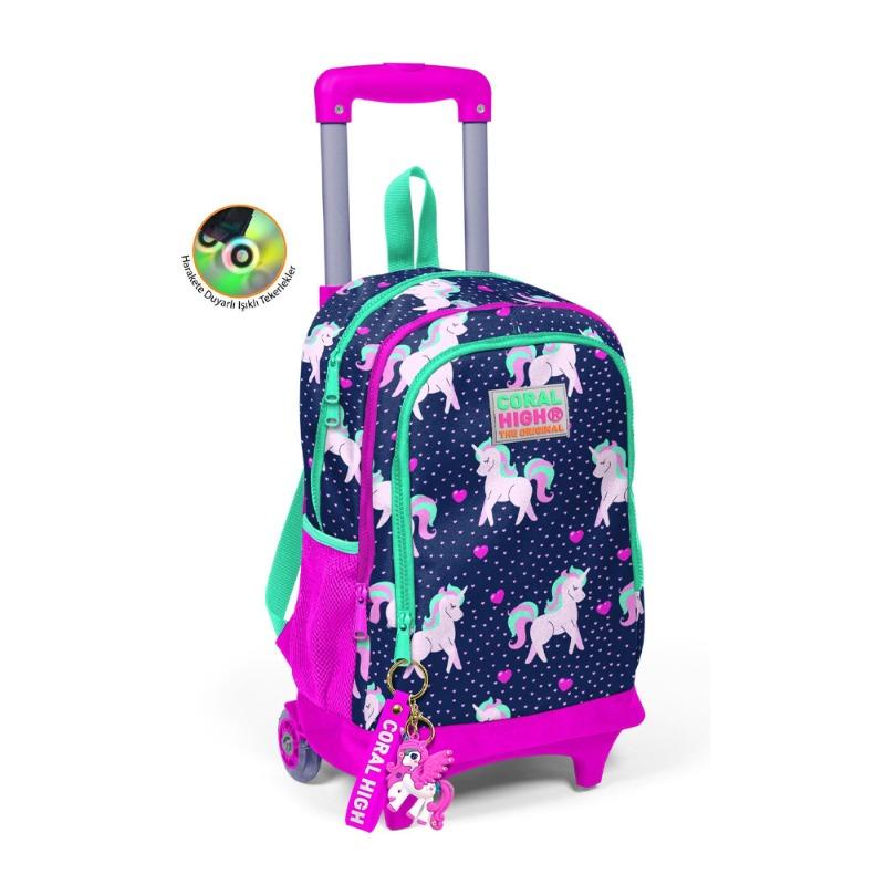 Coral High Kids Trolley Backpack Unicorn Patterned Navy Blue Pink