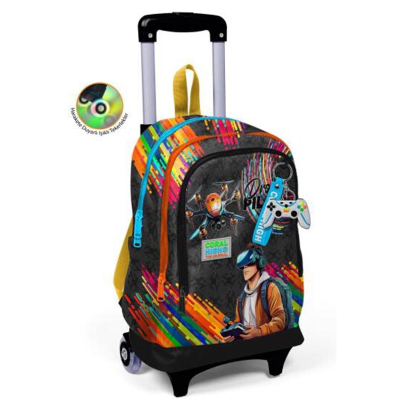 Coral High Kids Black Drone Pilot Patterned Three-Compartment Trolley School Backpack