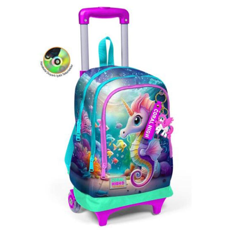 كورال هاي كيدز - حقيبة ظهر مدرسية بثلاثة أقسام - بعجلات مزينة بنقشة حصان البحر باللون الأزرق والأخضر
