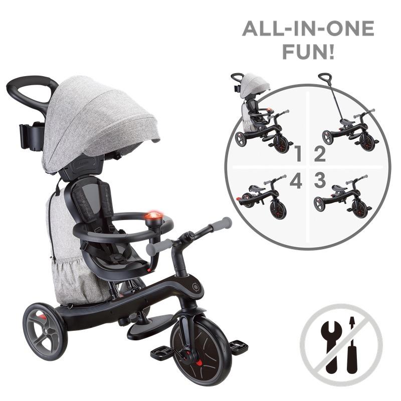 Globber Explorer Trike Deluxe 4-in-1 Convertible Kids Tricycle Grey