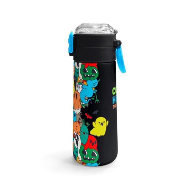 كورال هاي - ترمس للأطفال أسود مخطط برسومات كرتونية مع شفاطة - سعة 500 مل