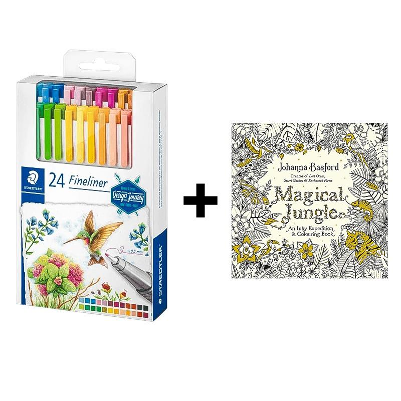 ستيدلر - اقلام التحديد ديزاين جورني 24 قلم + كتاب جوهانا الغابة السحرية مجانا
