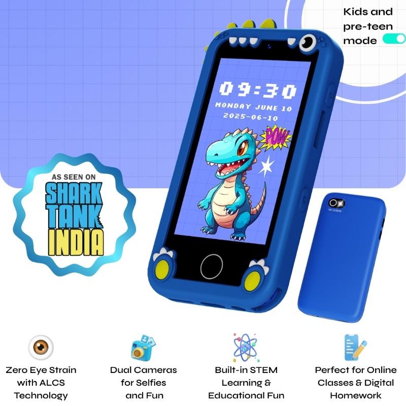 WatchOut Kids Learn Phone with Zero Eye Strain screen, HD camera, Learning Content, Parental Control, Screen and App Time Limit, Emergency WiFi Calling and Kids Safe PlayStore (Blue Dino)
