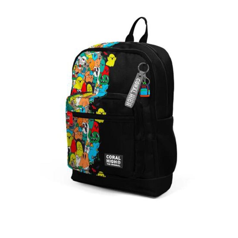 Coral High Kids Black Cartoon Patterned Four Compartment School Backpack