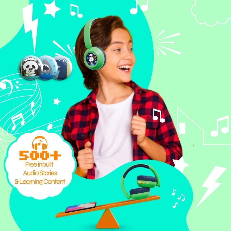 سماعة رأس للأطفال بتقنية صوت آمن وفق معايير منظمة الصحة العالمية، مع قصص صوتية تعليمية مجانية ومغناطيسات للزينة، تعمل بتقنية البلوتوث والسلك وتحتوي على مايكروفون للاستخدام المدرسي والسفر – تصميم ديناصور أخضر