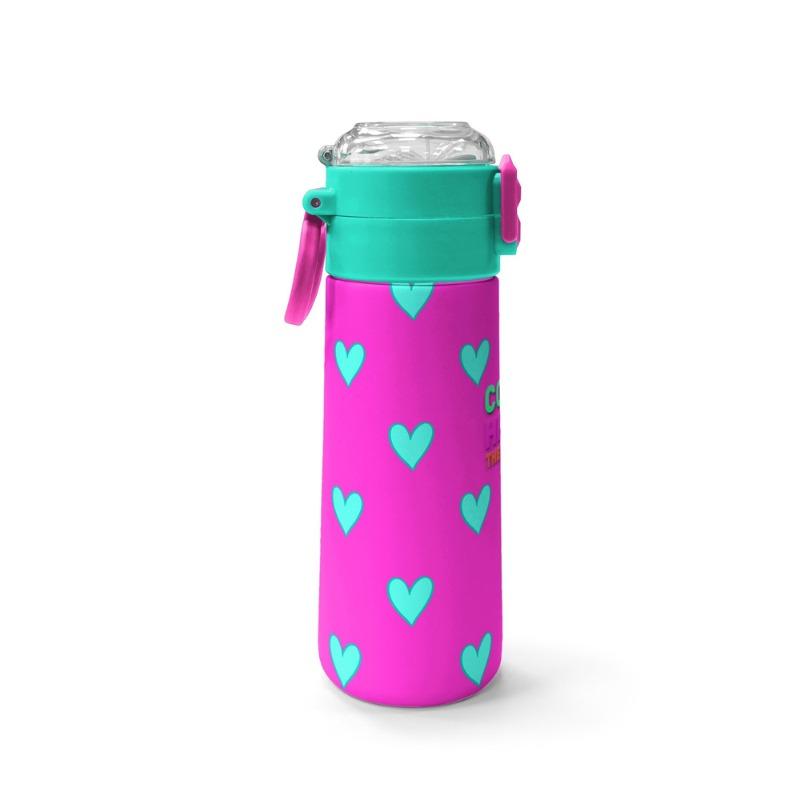 Coral High Kids Neon Pink Water Green Heart Patterned Steel Thermos 500 ml