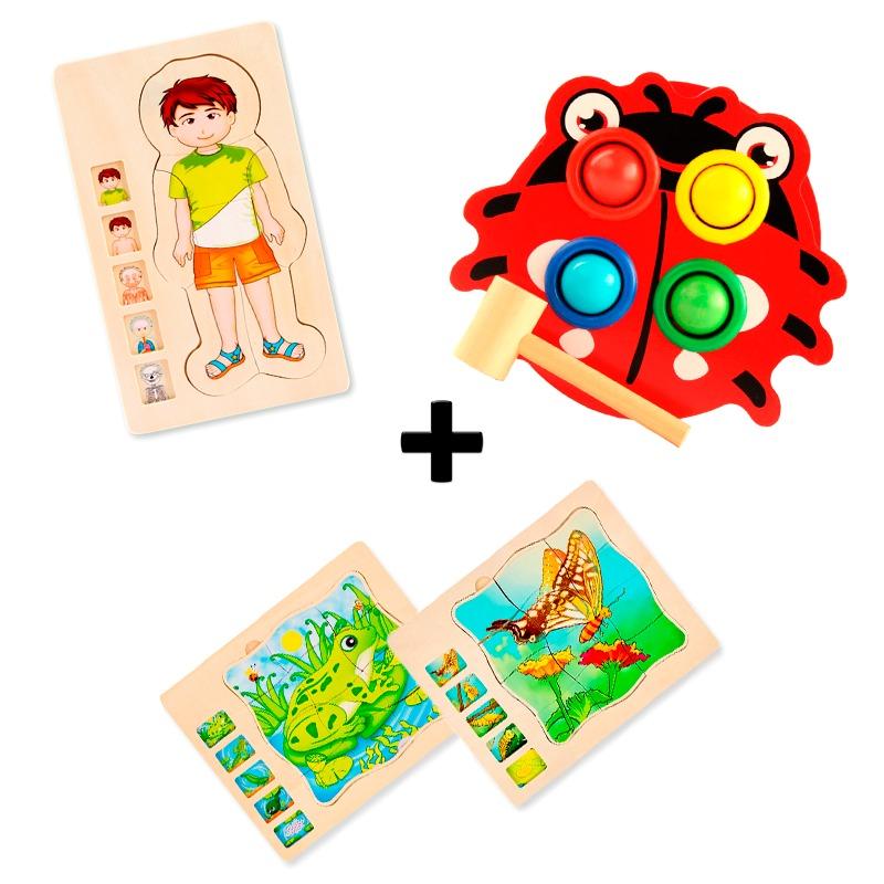 Beetle Pounding Bench + Wooden Butterfly Block + Wooden Frog Block + Your Body 5 Layers Wooden Puzzle Bundle