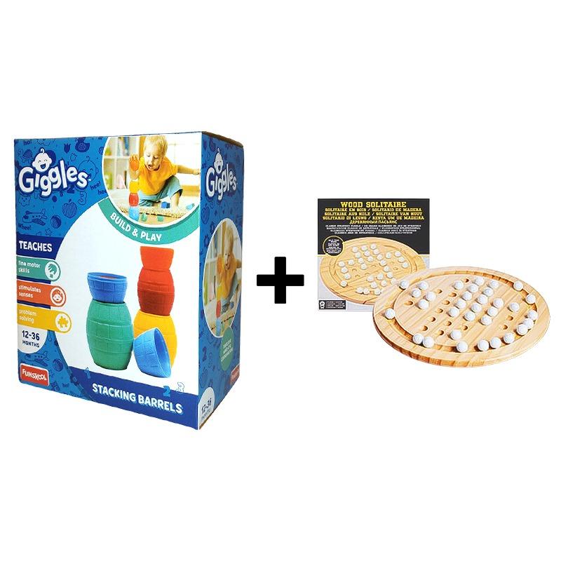 Buy 1 Get 1 Free Classic Wood Solitaire Board Game + Funskool Stacking Barrels Set