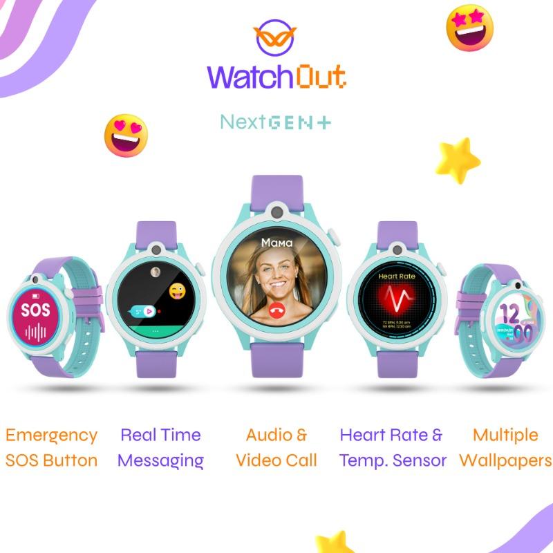 WatchOut Next-Gen+ Kids Phone Smartwatch with GPS Tracking, Heart Rate, Fever Alert, 4G Sim Enabled, Audio-Video Call, Convirtible Air Tag, Changeable Dial Ring, SOS & Parental Lock (Lavender Purple)