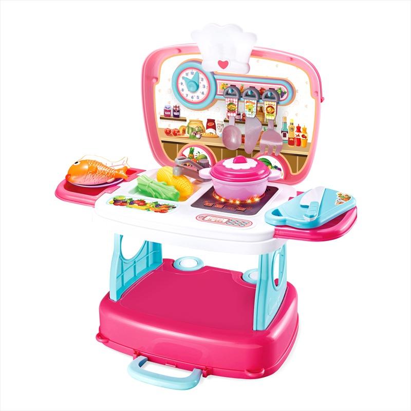 مجموعة لعب حقيبة المطبخ المحمولة 3 في 1 مع ضوء و صوت لون وردي