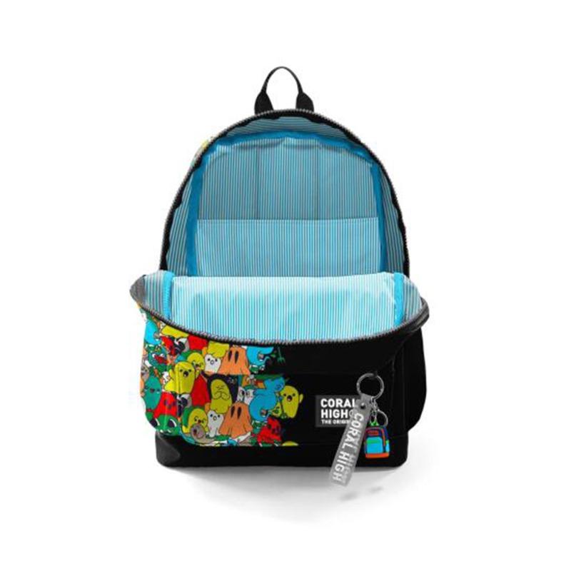 Coral High Kids Black Cartoon Patterned Four Compartment School Backpack