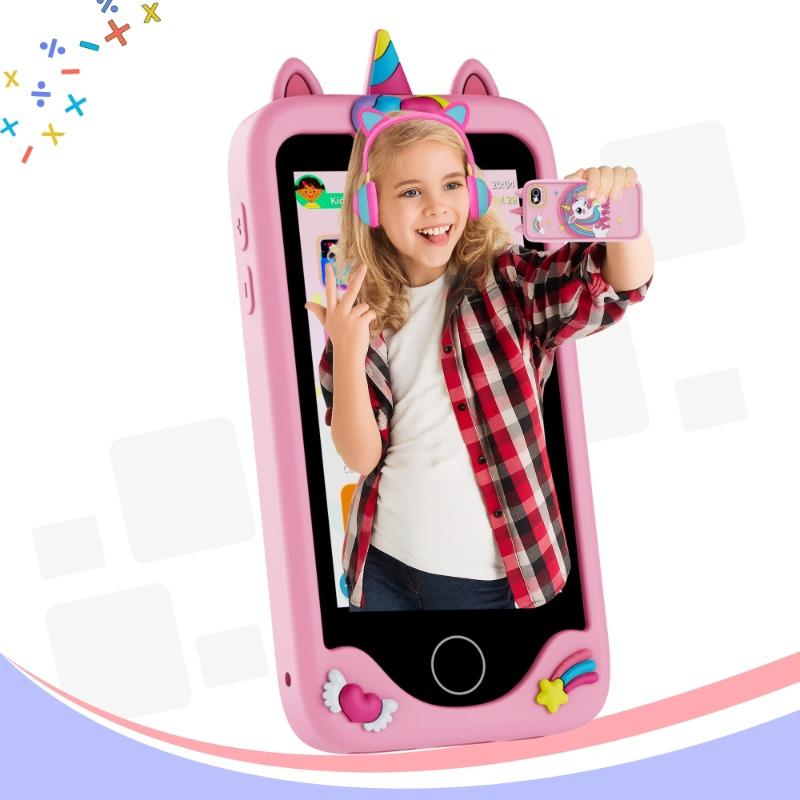 هاتف تعليمي للأطفال بشاشة بدون إجهاد للعين وكاميرا عالية الدقة ومحتوى تعليمي مدمج وتحكم رقابي للوالدين مع تحديد وقت الشاشة والتطبيقات ومكالمات طوارئ عبر الواي فاي ومتجر تطبيقات آمن للأطفال – تصميم يونيكورن وردي